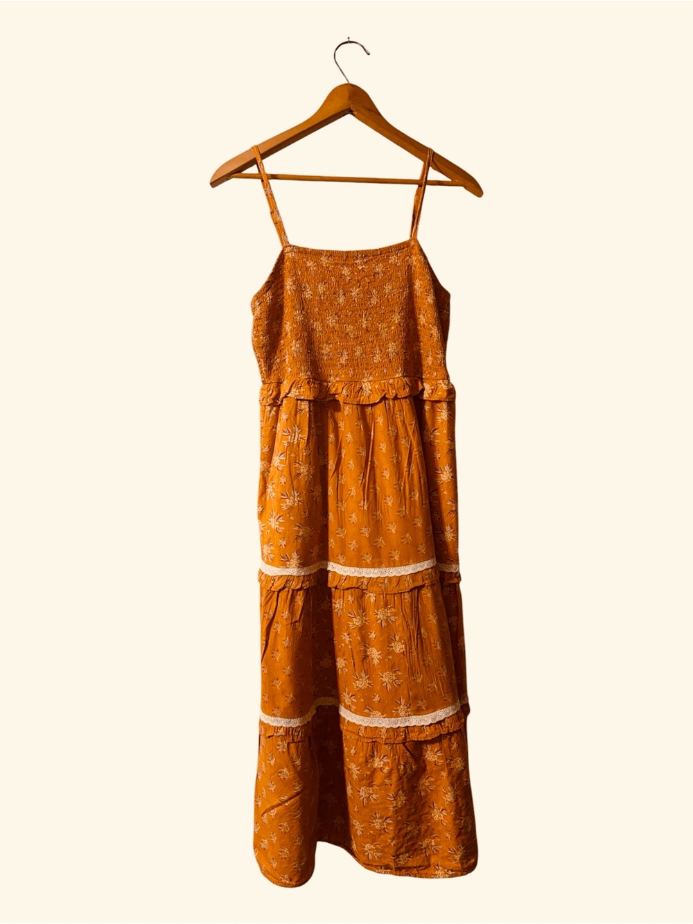 Boho Prairie Universal Thread Mustard Orange Floral Smocked Midi Dress M